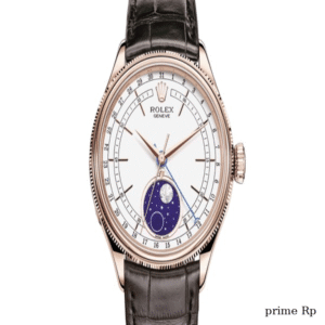 Rolex Cellini Moonphase 39mm watch in 18k Everose gold with white lacquer dial, moonphase display, and black leather strap.