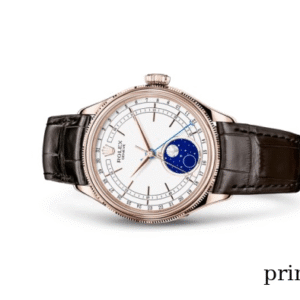 Rolex Cellini Moonphase 39mm in 18k Everose gold with a white lacquer dial and moonphase display on black leather strap.