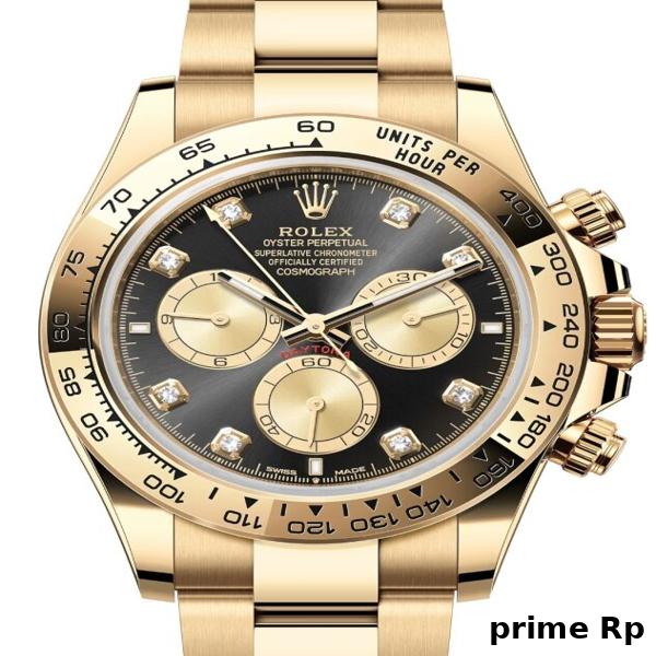 Superclone Rolex Daytona 40mm Yellow Gold Black Dial with Champagne Subdials and Diamonds – Oyster Bracelet – Clean Factory