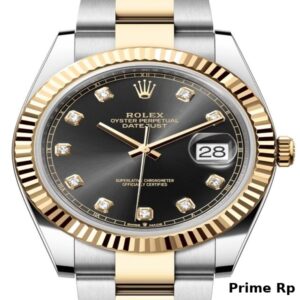 Replica Rolex Datejust 41mm Black Diamond Dial with Fluted Yellow Gold Bezel and Oyster Bracelet