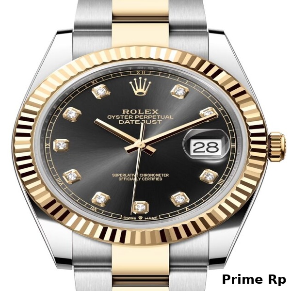 Replica Rolex Datejust 41mm Black Diamond Dial with Fluted Yellow Gold Bezel and Oyster Bracelet