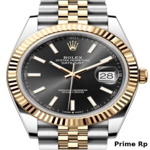 Replica Rolex Datejust 41mm with Black Dial, Fluted Yellow Gold Bezel, and Jubilee Bracelet