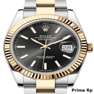 Replica Rolex Datejust 41mm with Black Dial, Yellow Gold Fluted Bezel, and Oyster Bracelet