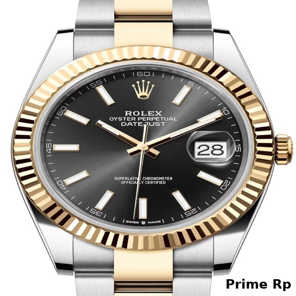 Replica Rolex Datejust 41mm with Black Dial, Yellow Gold Fluted Bezel, and Oyster Bracelet