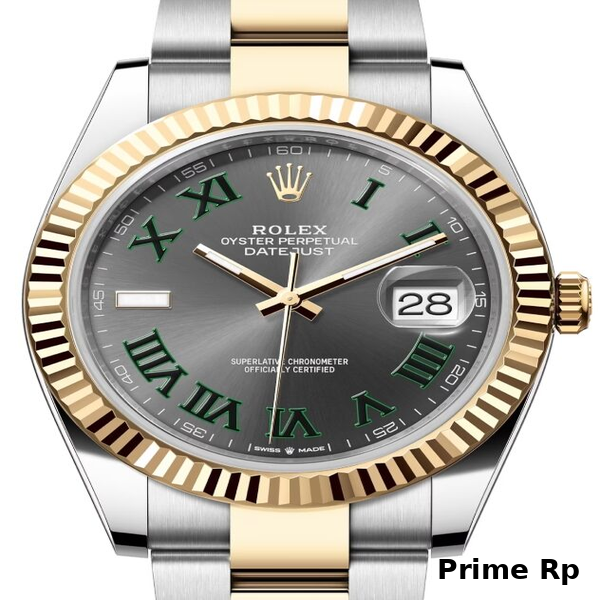 Replica Rolex Datejust 41mm Slate Wimbledon Dial with Green Roman Numerals and Yellow Gold Oyster Bracelet