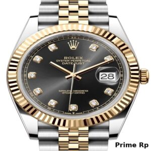 Replica Rolex Datejust 41mm with Black Diamond Dial, Fluted Yellow Gold Bezel, and Jubilee Bracelet