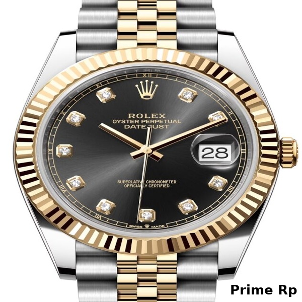 Replica Rolex Datejust 41mm with Black Diamond Dial, Fluted Yellow Gold Bezel, and Jubilee Bracelet