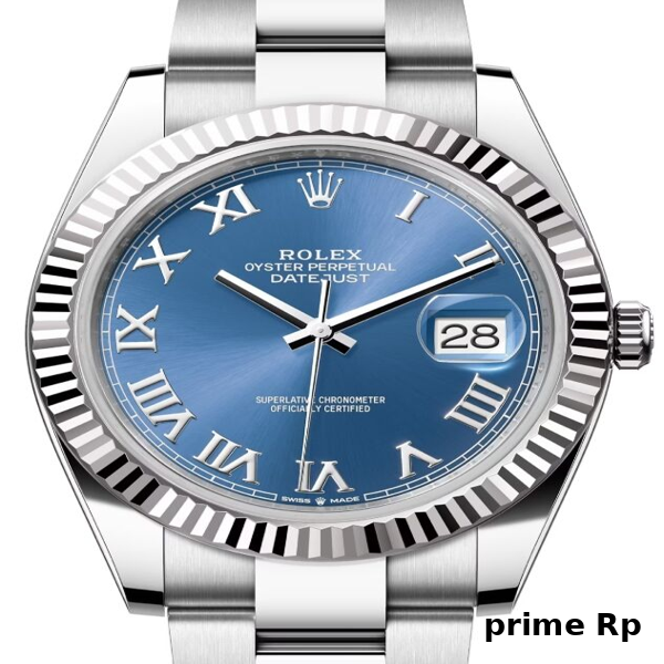 Replica Rolex Datejust 41mm Azzurro Blue Dial with Roman Numerals and Oyster Bracelet in White Gold and Steel